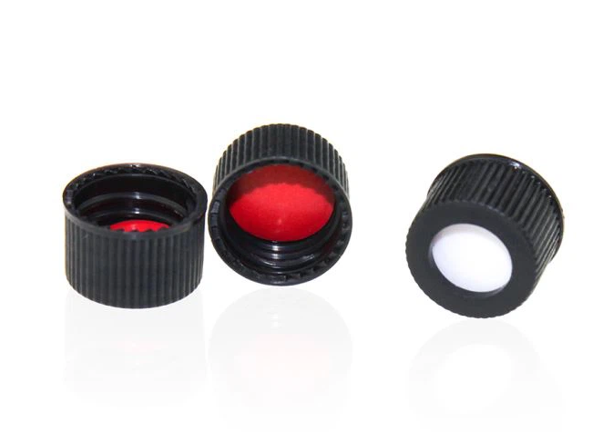 Tapones de rosca de polipropileno negros con septa de PTFE/silicona, rosca 13-425 (caja x 100 unidades)