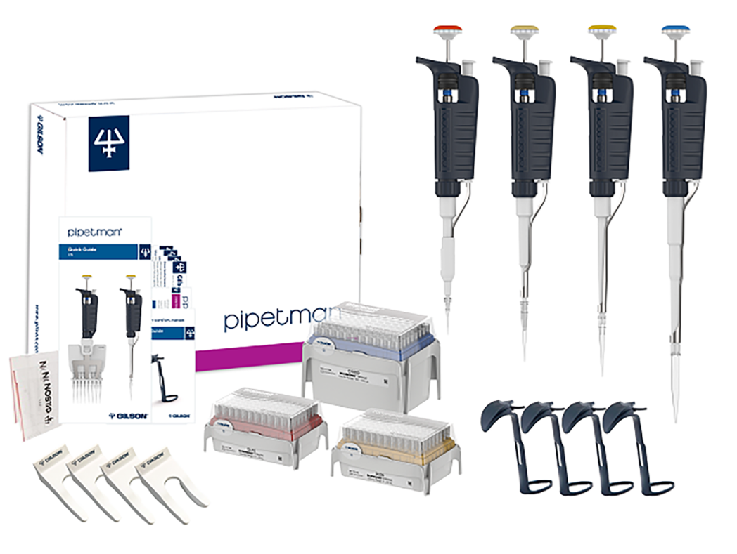 Kit de iniciación de Pipetas automáticas Gilson Pipetman : Incluye Pipeta automática Gilson Pipetman P2, P20, P200 y P1000 + 3 racks de tips PIPETMAN DIAMOND (modelos: DL10, D200, D1000) + Cuatro portapipetas SINGLE™
