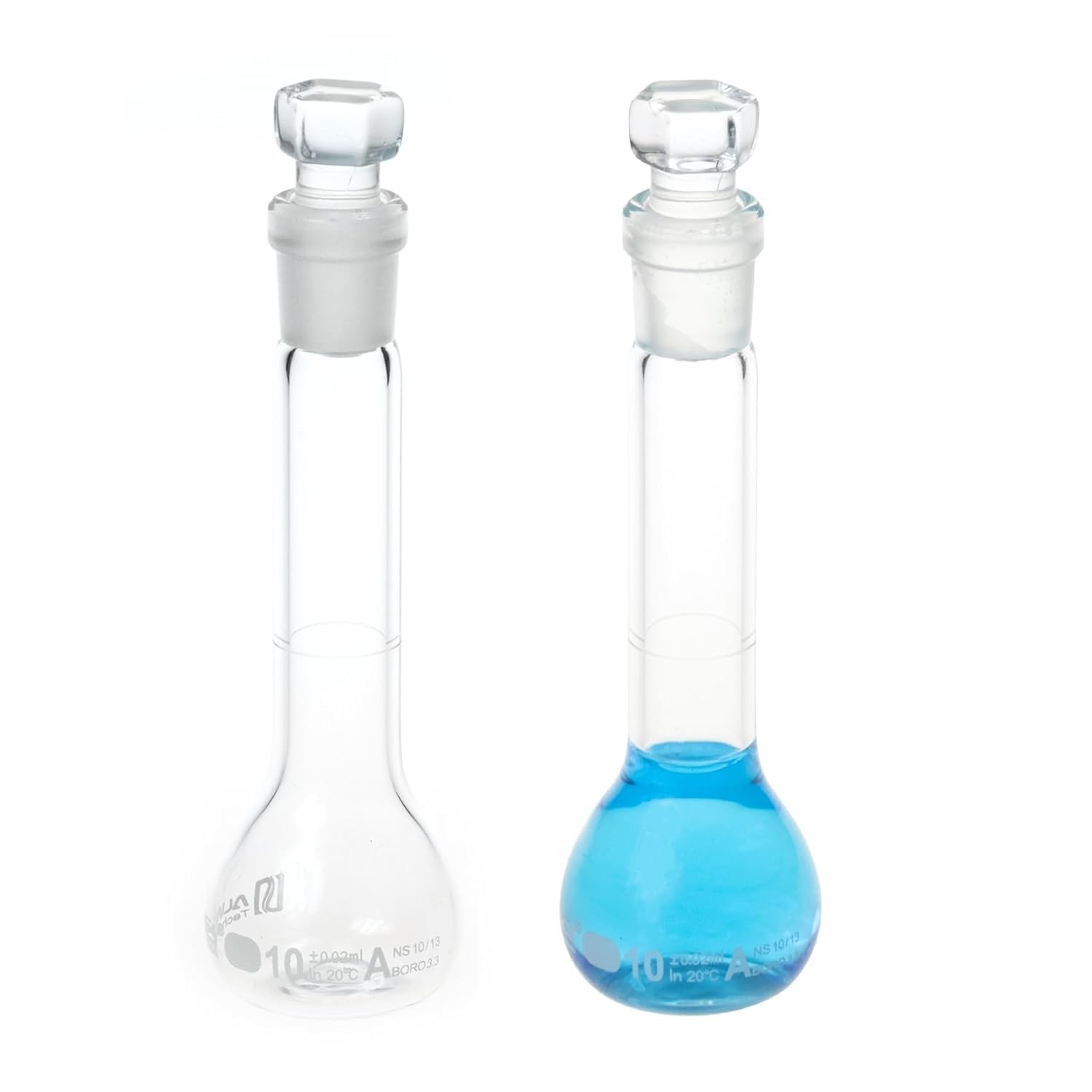 Matraz aforado de 100ml transparente de vidrio Borosilicato 3.3, Clase A, con boca 12/14 y tapón de vidrio, con certificado de lote x 2 unidades