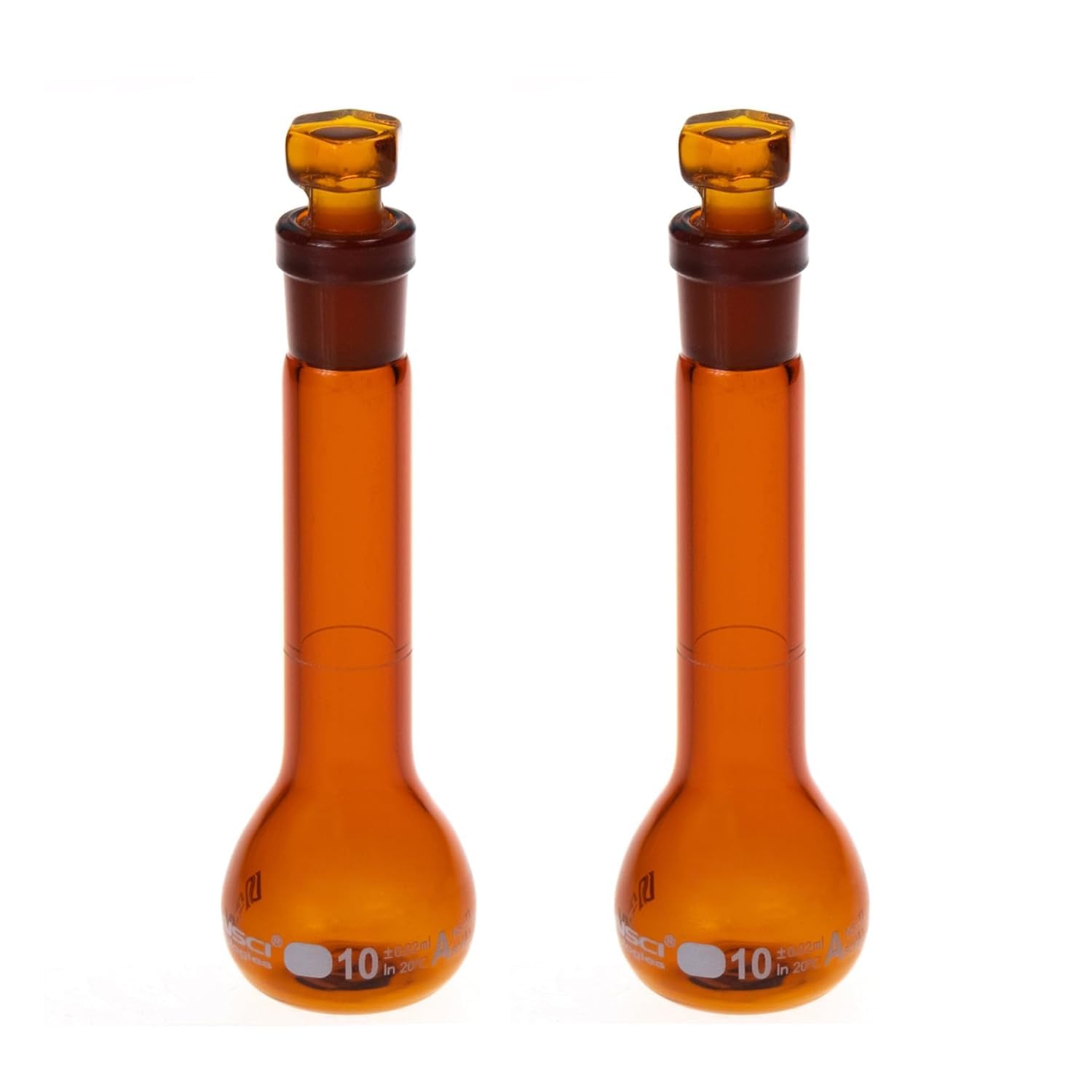 Matraz aforado de 250ml color caramelo de vidrio Borosilicato 3.3, Clase A, con boca 14/23 y tapón de vidrio, con certificado de lote x 2 unidades